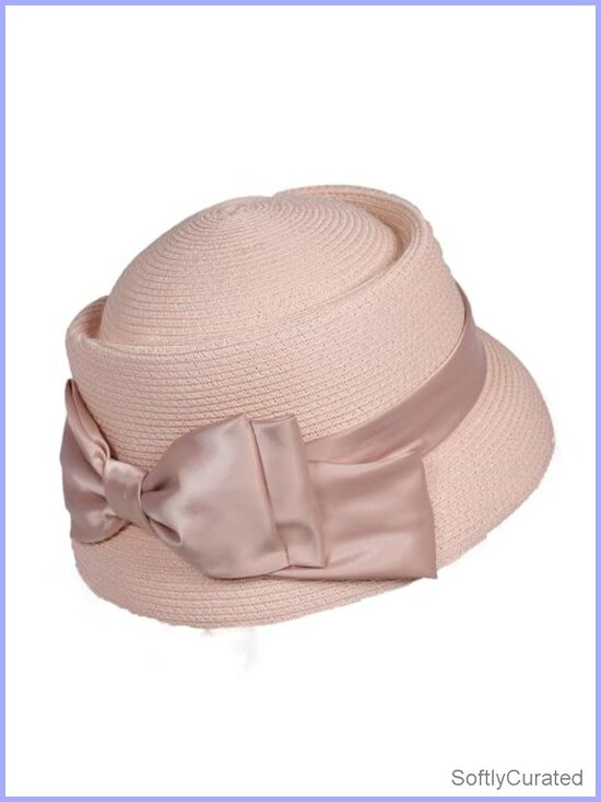 Vintage Straw Cloche Hat with Satin Bow for Church Tea Party Wedding